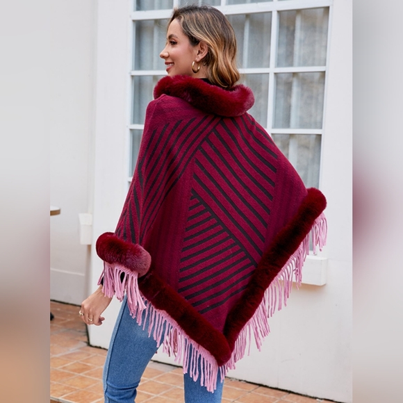 Plush Faux Fur Retro Fringe Stripe Pullover Oversized Warm Knit Poncho Cardigan - Picture 3 of 14